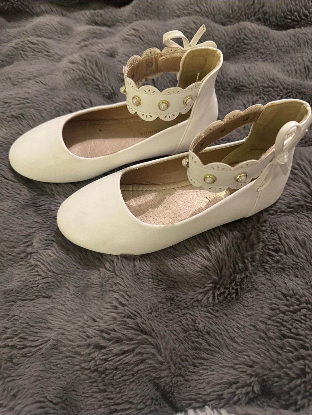 Girls White Dress Ballet Flats with Pearl Ankle Strap
